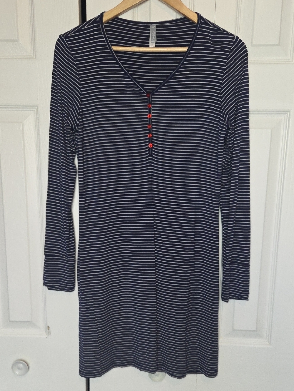 Striped Navy & White Long-Sleeve Nightshirt with Red Button Detail